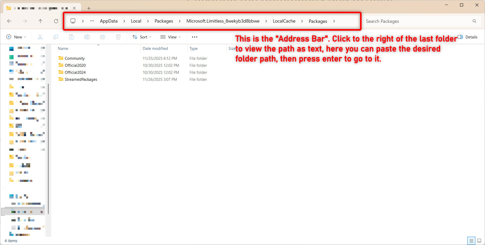 File Explorer address bar showing how to paste the MSFS package path
