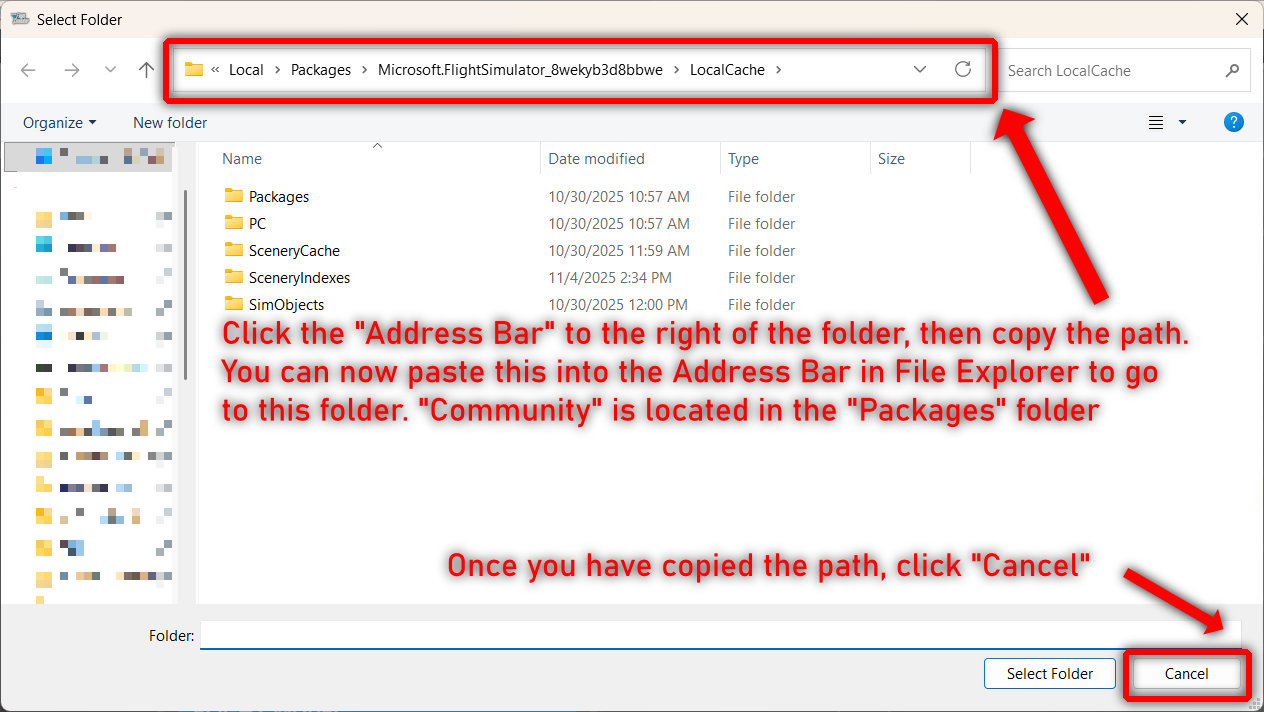 File Explorer folder selection dialog showing the address bar with MSFS installation path and Cancel button