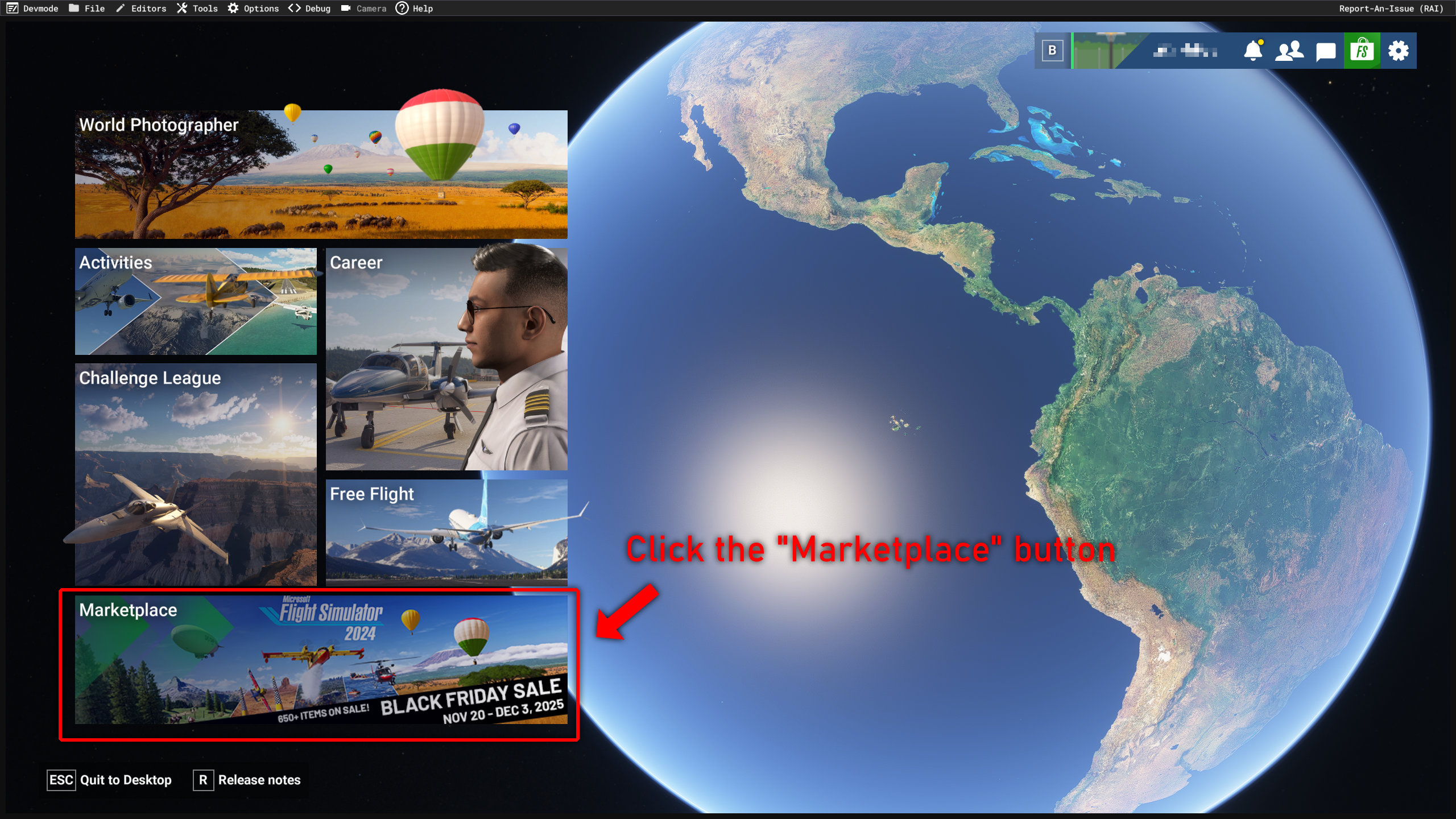 MSFS 2024 main menu showing the Marketplace button