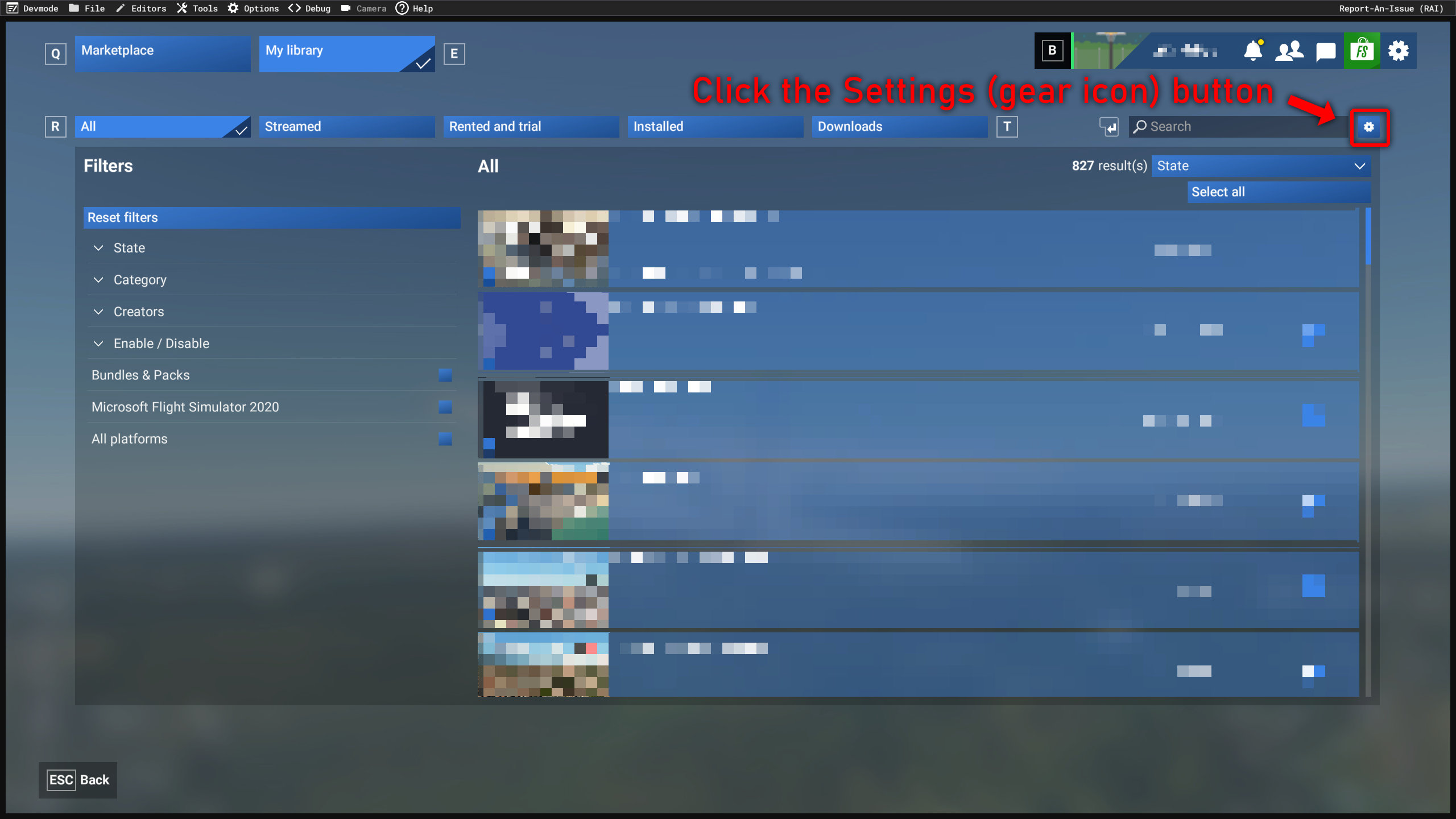 MSFS 2024 My Library showing the Settings button (gear icon) above the package list