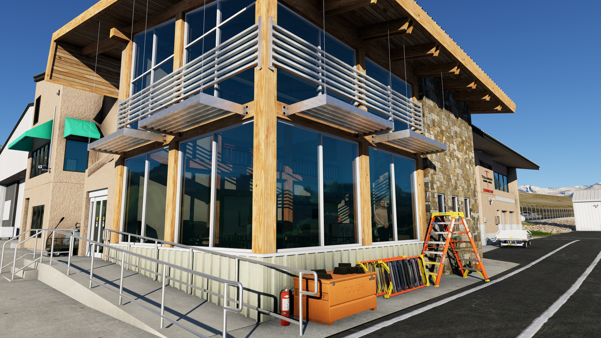 Preview photo of the outside of the terminal expansion at Telluride Regional Airport in X-Plane 12. Building has rich orange wood trim with shiny green glass looking into a warm modern-country interior