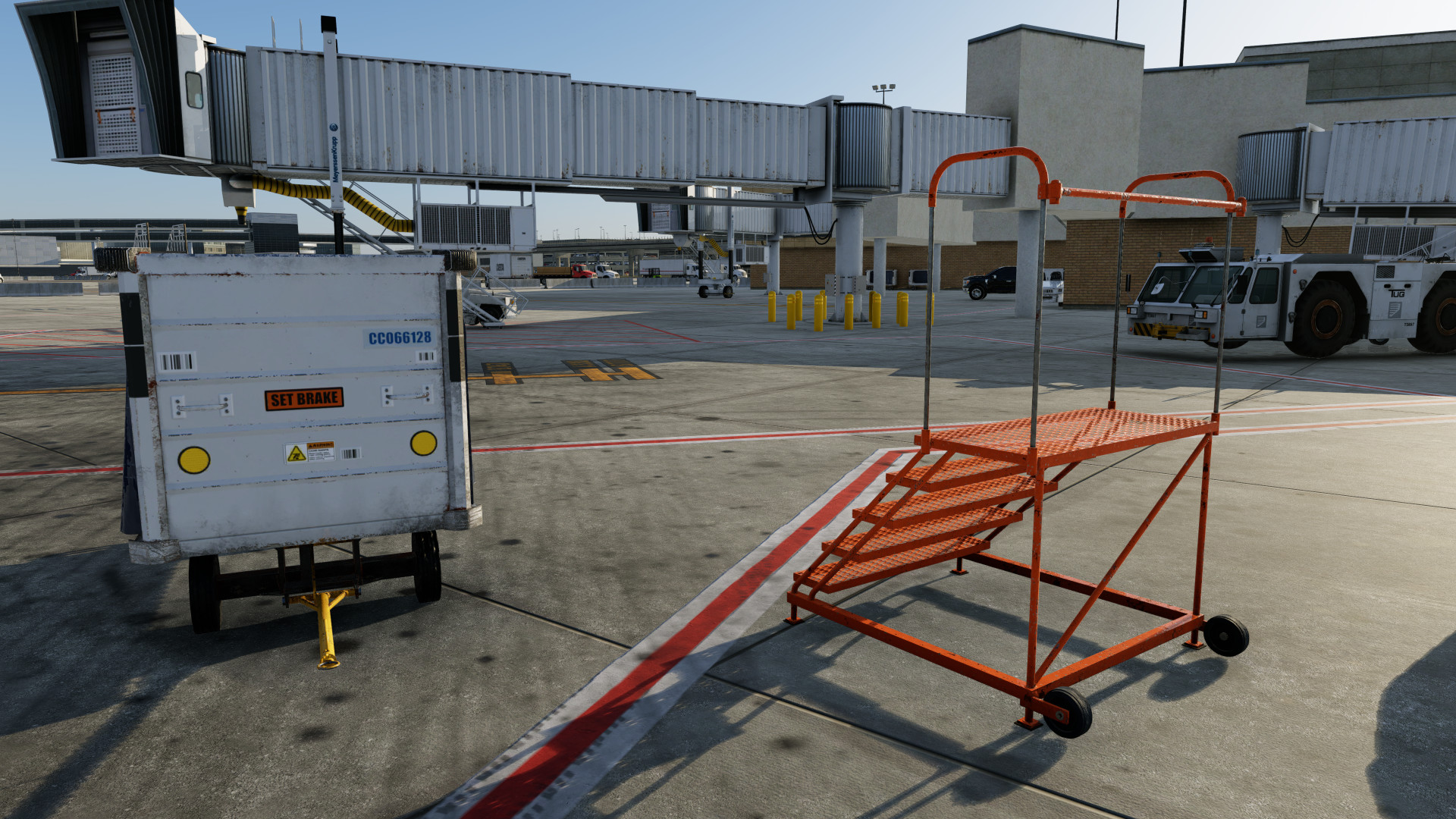 Realistic baggage cart and maintenance steps at airport in X-Plane 12 with AEP Airport Enhancement Package