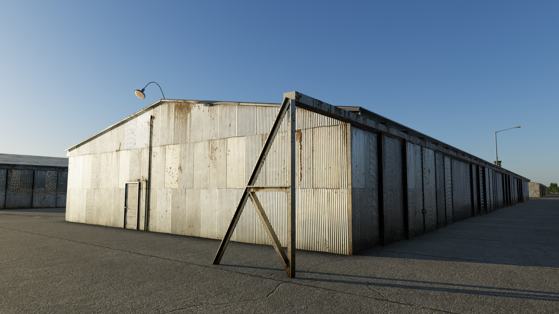 Worn rusty metal hangar at KRDD in X-Plane 12 with AEP Airport Enhancement Package
