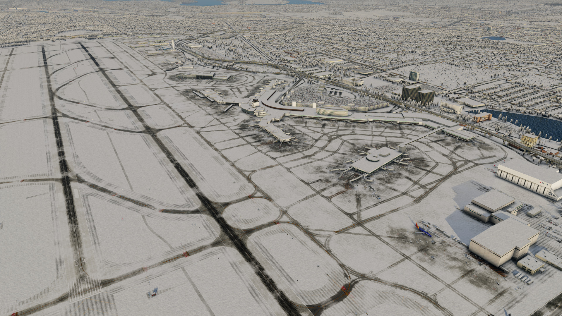 KSEA covered in realistic snow with only taxiways runways and ramps having snow cleared in X-Plane 12 with AEP Airport Enhancement Package