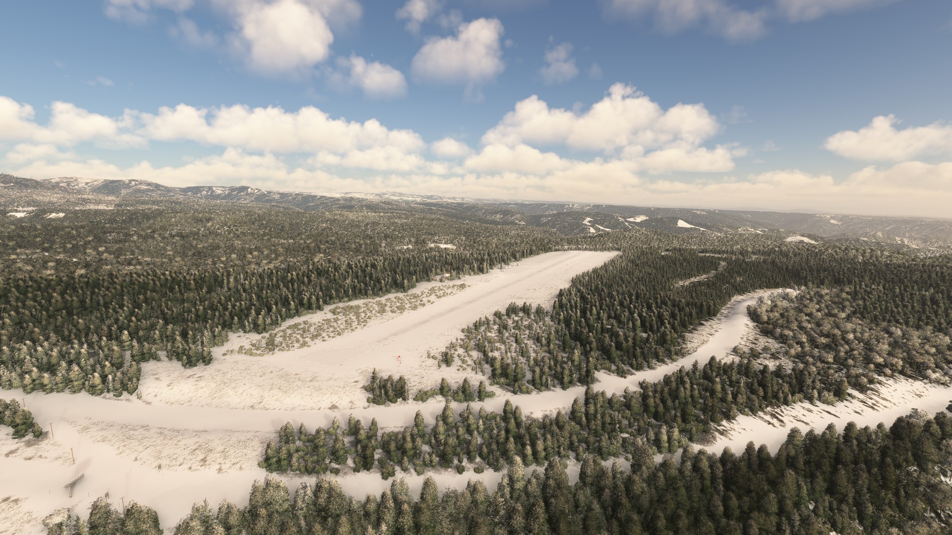 Arial view of snowy KBLU Blue Canyon Nyack Airport in California in X-Plane