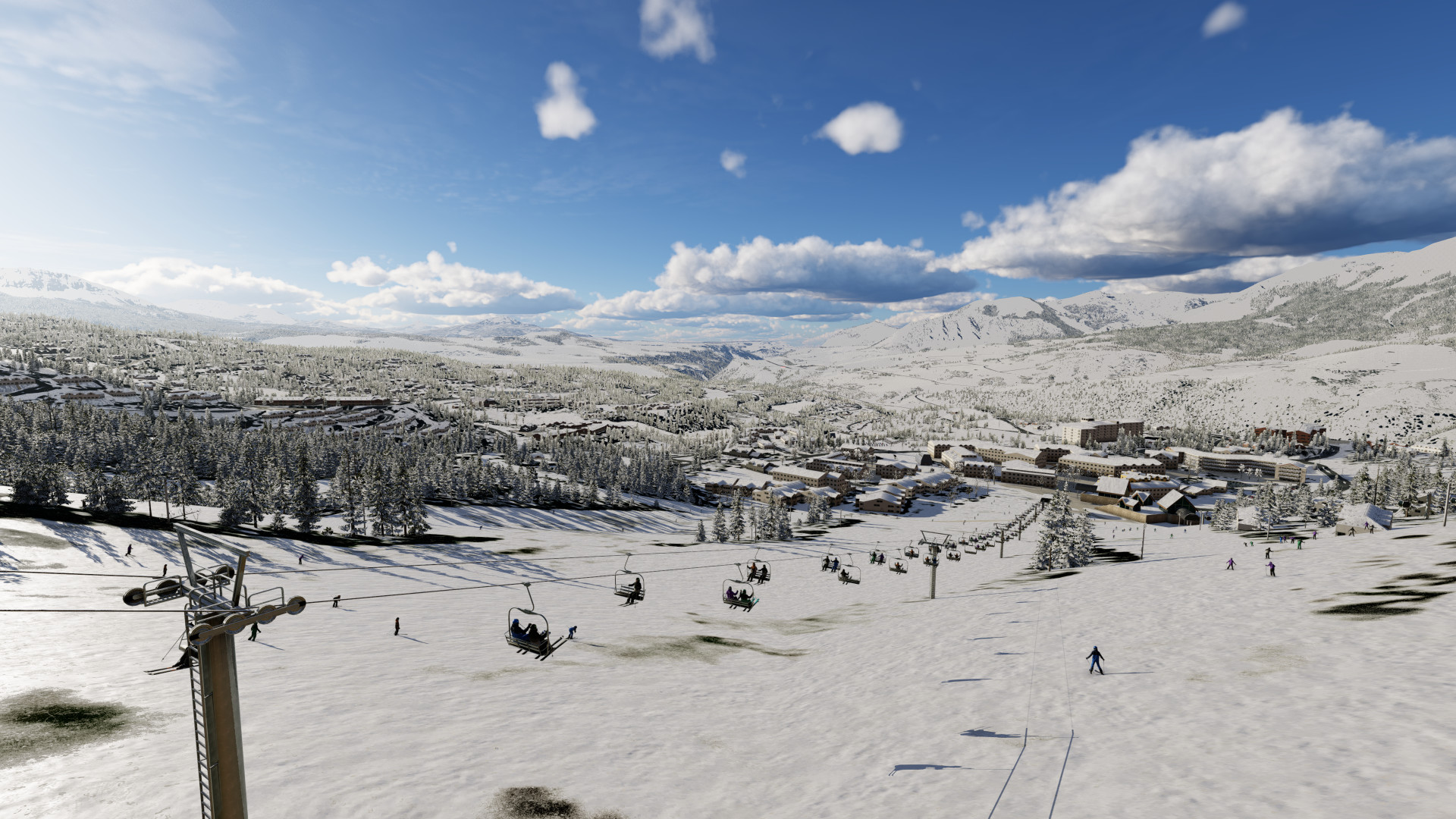 Animated Ski lifts and skiers at Telluride in X-Plane 12