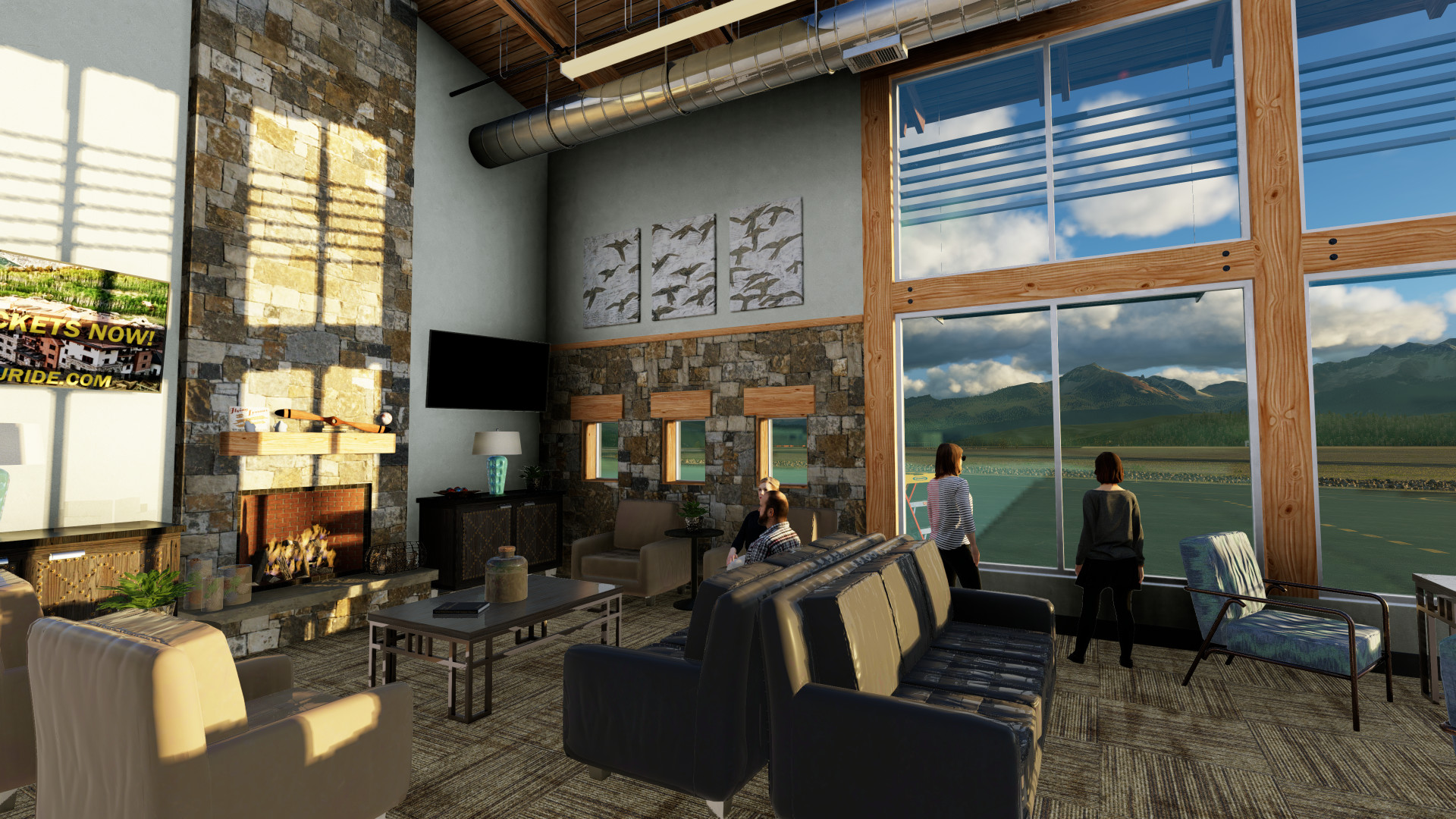 Modern rustic terminal interior with fireplace couches and abstract art KTEX Telluride Regional Airport in X-Plane 12