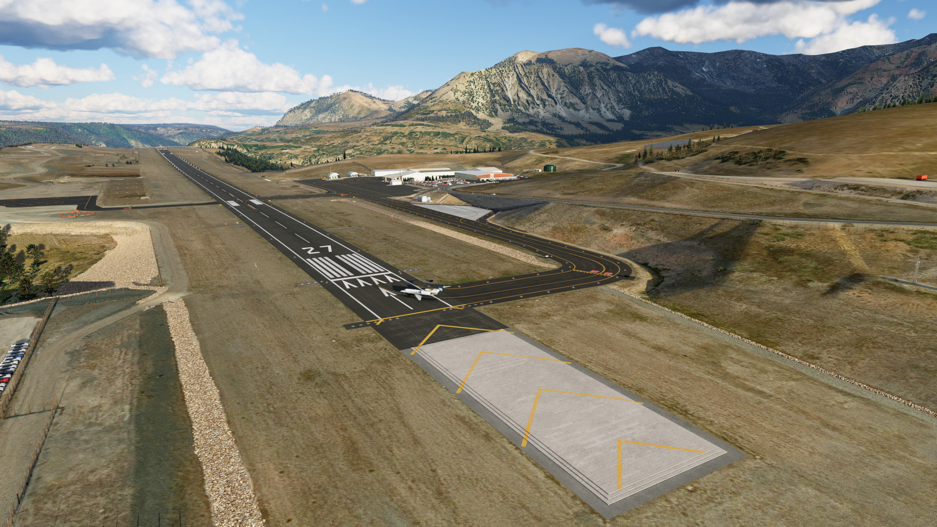 Arial view of runway 9 at KTEX Telluride Regional Airport in X-Plane 12