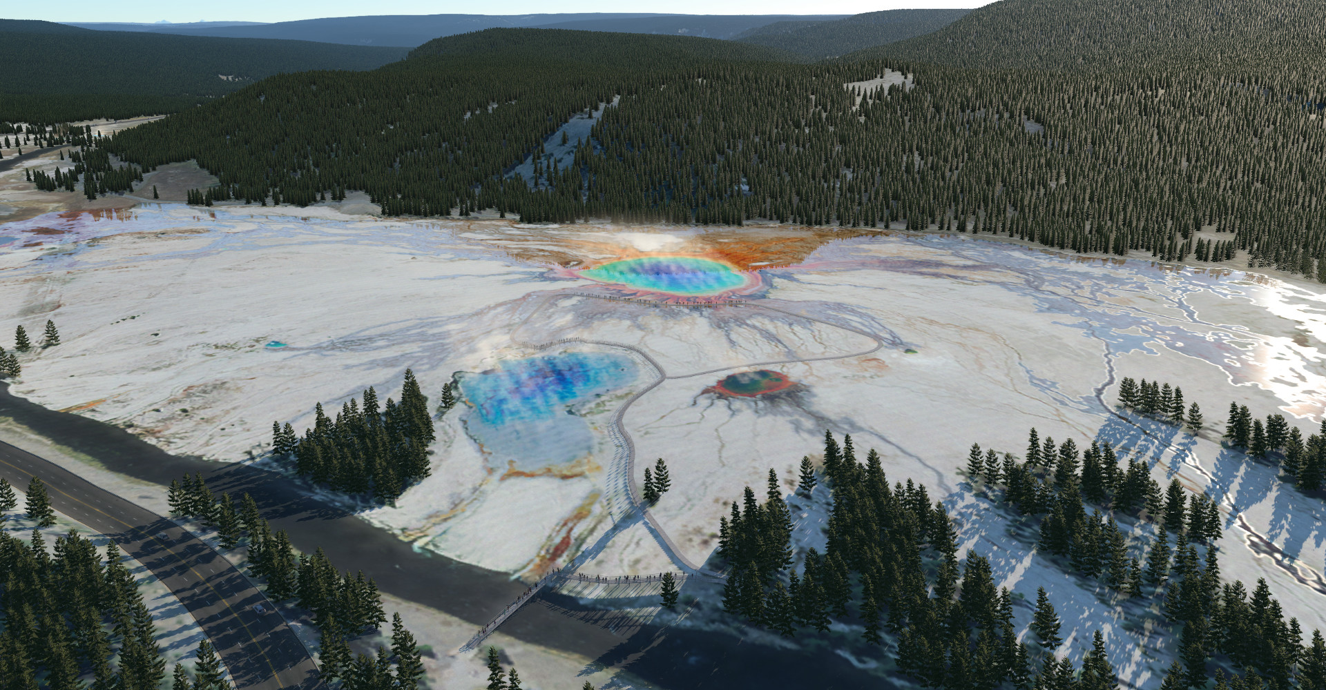 Arial view of Grand Prismatic Hotspring in Yellowstone National Park in X-Plane